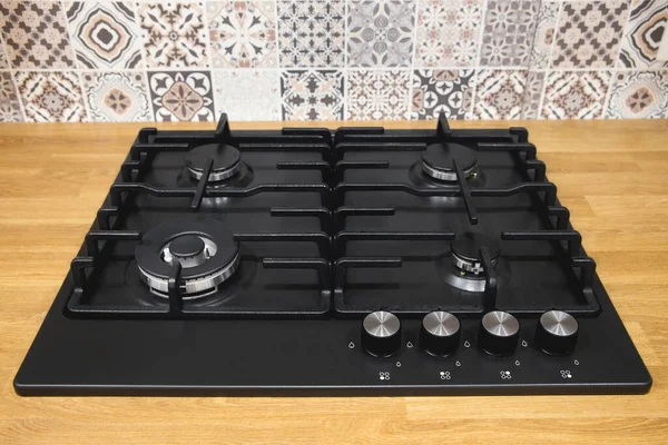 Black Built Gas Stove Kitchen Wood Surface — Stock Photo, Image