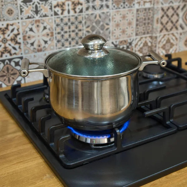Cocinar Una Estufa Gas Olla Quemador Gas Concepto Cocina Casera — Foto de Stock