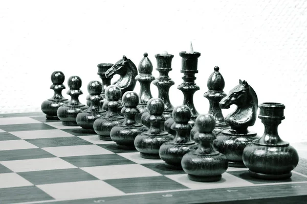 보드에 검은 체스 조각. 흑백 사진. — 스톡 사진