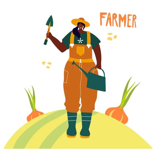 Friendly black woman harvesting fresh vegetables. — Stock Vector