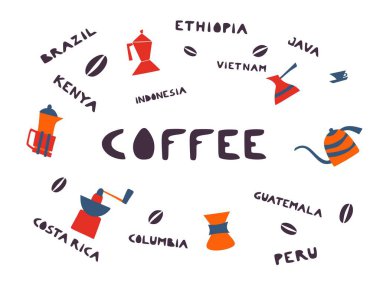 Demlenme ve servis için kahve aletleri ve kap kacak koleksiyonu, izole vektör klipleri.