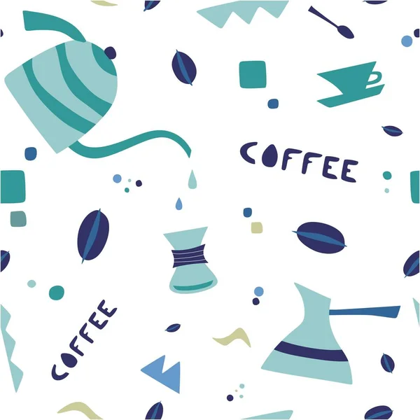 ドードルティーポットとカップとコーヒーパターン。メニューデザインのためのシームレスなテクスチャ。ベクトルシームレスパターン — ストックベクタ