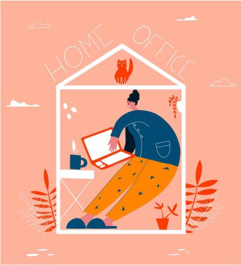 Kişisel izolasyon kavramı. Covid-19 sırasında evde çalışan gençler. Hepiniz evde kalın. Bir salgından kendini soyutla.