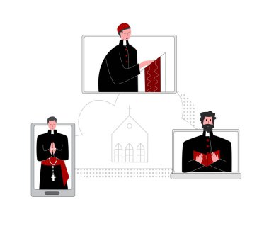 İnternette İncil üzerine dua eden vektör düz çizim rahibi