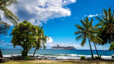 Hawaii açıklarında palmiye ağaçları olan bir yolcu gemisi. Büyük adadan bir tatil görüntüsü. Büyük Hawaii Adası, Haziran 2019..