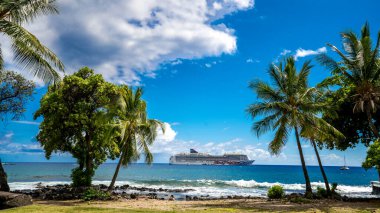 Hawaii açıklarında palmiye ağaçları olan bir yolcu gemisi. Büyük adadan bir tatil görüntüsü. Büyük Hawaii Adası, Haziran 2019..