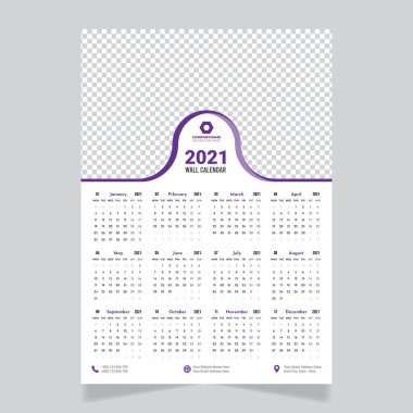 Bir Sayfa Duvar Takvimi Tasarımı 2021. Wall Calendar şablon tasarımını hafta başına göre pazartesi günü başlat. 2021 Yaratıcı Yeni Yıl takvimi