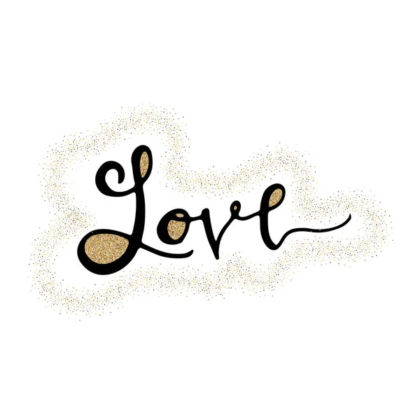 Liefde hand belettering romantische kaart met gouden glitter hart. Hand getekende belettering. Gebruikt voor wenskaart, banner, poster, feliciteren. Afdrukken. Vector typografie poster, romantisch citaat. — Stockvector