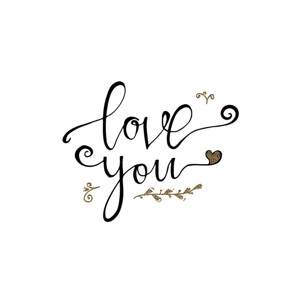 Love you hand lettering romantic card with gold elements. Hand drawn lettering. Used for greeting card, banner, poster, congratulate. printing. Vector typography poster, romantic quote. — Stock Vector