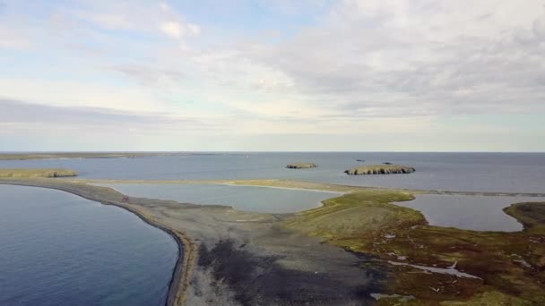 Panorama van koude wildernis uitzicht vanaf drone in nieuwe aarde Vaigach Russische noorden. — Stockvideo