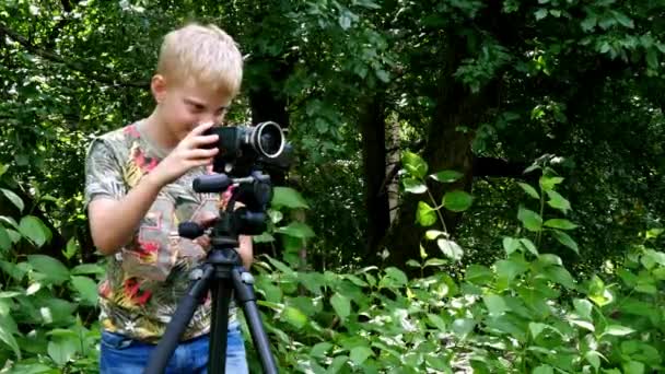 Young boy with video camera shoots film about nature of green park background. — Stock Video