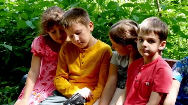 Children with video camera on bench in a green park slow motion. — Stock Video