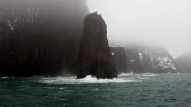 Dalgalar ve sis kar rock Okyanusu Antarktika arka plan üzerinde.