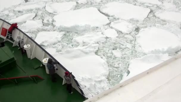 남극 대륙의 바다에서 얼음 빙원의 배경에 우주선에 사람들. — 비디오