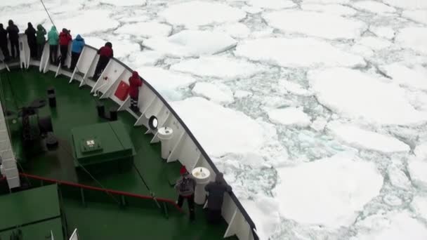 남극 대륙의 바다에서 얼음 빙원의 배경에 우주선에 사람들. — 비디오