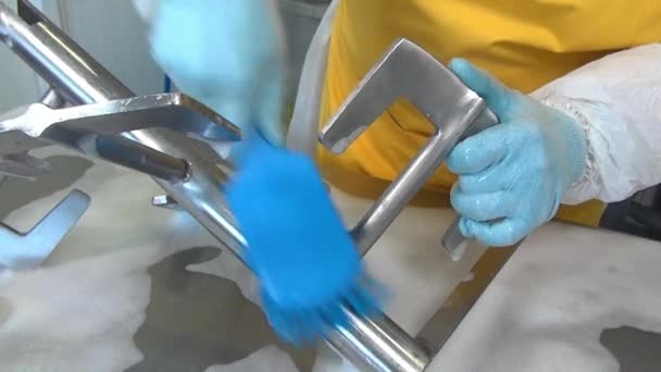 Cleaning and washing industrial salad mixer. — Stock Video