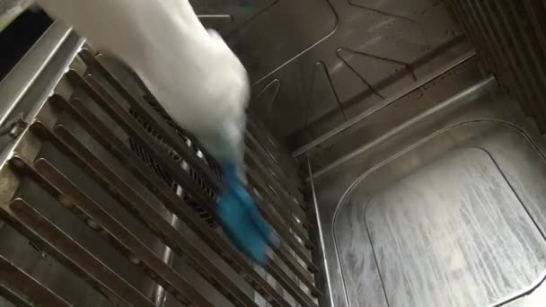 Kék ecsettel a kezében munkavállaló tisztítja mosás ipari kemencében. — Stock videók