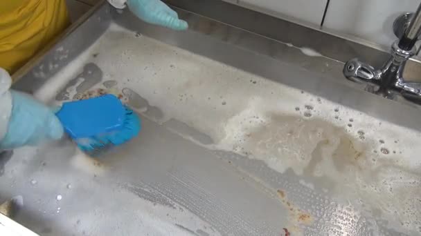 Spazzola blu in mano del lavoratore pulisce griglia di carne industriale . — Video Stock