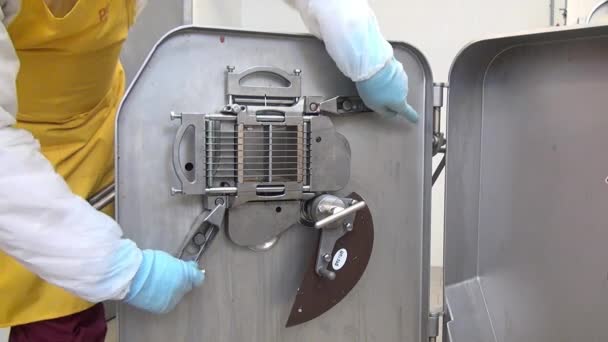 공장 및 장갑에서 작업자의 손에 전문 산업용 고기 분쇄기. — 비디오