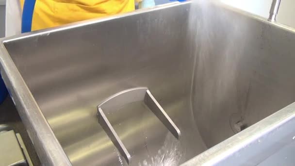 Wassen en schoonmaken van industriële vlees apparatuur. — Stockvideo