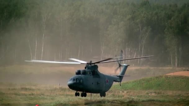 Un hélicoptère militaire atterrit sur une clairière près de la forêt . — Video