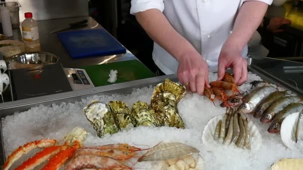 As mãos do cozinheiro sobrepõem camarão fresco e ostras no gelo no restaurante de frutos do mar . — Vídeo de Stock