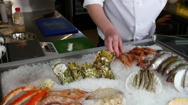 Hände des Kochs überlagern frische Garnelen und Austern auf Eis im Fischrestaurant. — Stockvideo