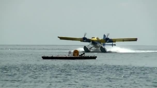 Hydroplan jaune-bleu survole l'eau jusqu'au site d'atterrissage dans l'océan aux Maldives . — Video