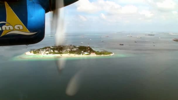 Šroub žluto modré letadlo otáčí na pozadí oceánu. — Stock video