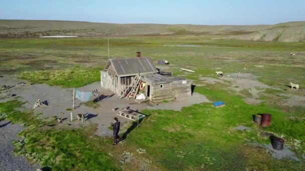 Persone vicino casa solitaria sulla desolata isola di Vaygach nel deserto . — Video Stock