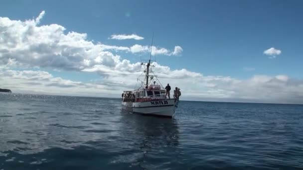 Fischerboot mit Menschen im Hintergrund der Wellen in Neuseeland. — Stockvideo