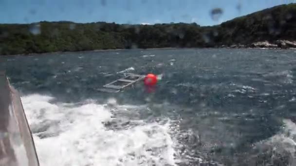 Fishing box cage on ship in ocean background of waves in New Zealand. — Stock Video