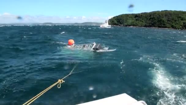 Fischkäfig im Ozeanhintergrund von Wellen in Neuseeland. — Stockvideo