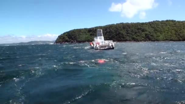 Fiskebåt i ocean bakgrund av vågor och gröna bergen i Nya Zeeland. — Stockvideo