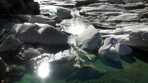 Güneş ışığında dağ nehir Verzasca turkuaz su yansıması. — Stok video