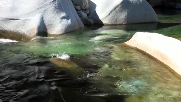 A água flui entre pedras enormes no vale do rio de montanha Verzasca. — Vídeo de Stock