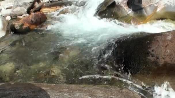 Δύναμη του νερού του βουνού ποταμός Verzasca στην κοιλάδα Ελβετικές Άλπεις. — Αρχείο Βίντεο