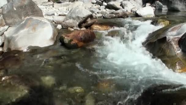 Síla vody horské řeky Verzasca v údolí švýcarských Alp. — Stock video