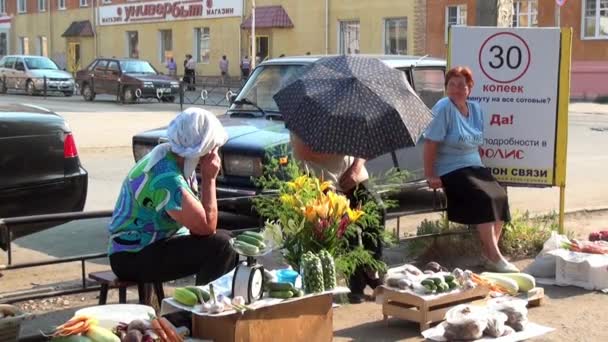 女性は、ウラル地方の町では、道路の近くで野菜を販売します。. — ストック動画