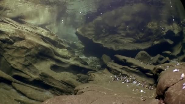 Paisaje submarino del río Verzasca. sobre el fondo de enormes piedras lisas . — Vídeo de stock