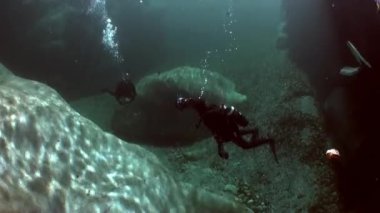 Dalgıçlar ile şeffaf nehir Verzasca sualtı fotoğraf makinesi.