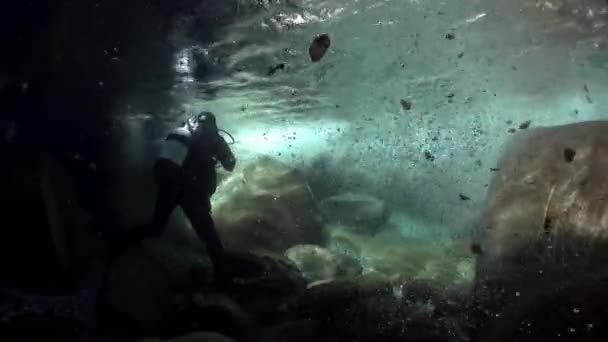 산 강 Verzasca에에서 수 중 카메라로 잠수 부. — 비디오