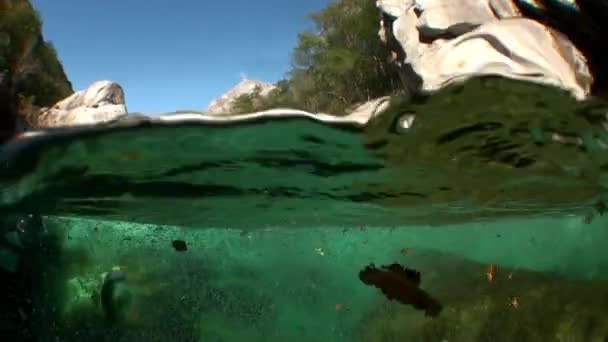 Kapky vody na skleněných videokamerách operátora v řece Verzasce. — Stock video