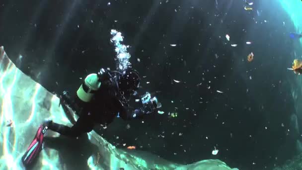 Kameraman v lomu slunečního světla pod vodou řeky Verzasca. — Stock video