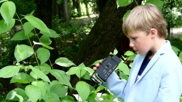 Young boy with video camera shoots film about nature of green park background. — Stock Video