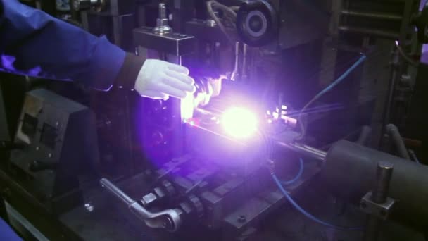 Argon welding on metalworking of steel pipes in factory. — Stock Video