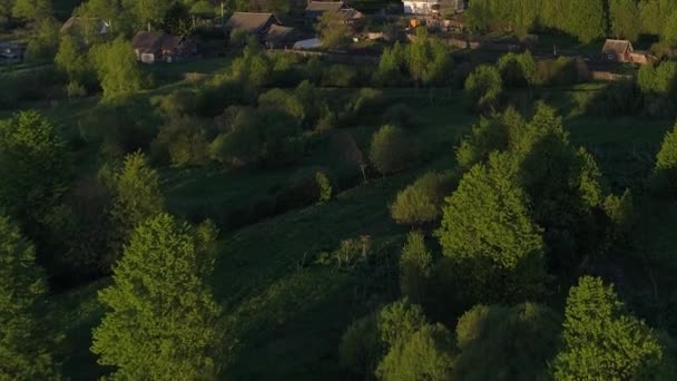 Drone légi felvétel táj házak és kertek egy folyón körülvett sűrű zöld erdő lenyűgöző tájkép. Fogalom éghajlat kültéri természet. — Stock videók