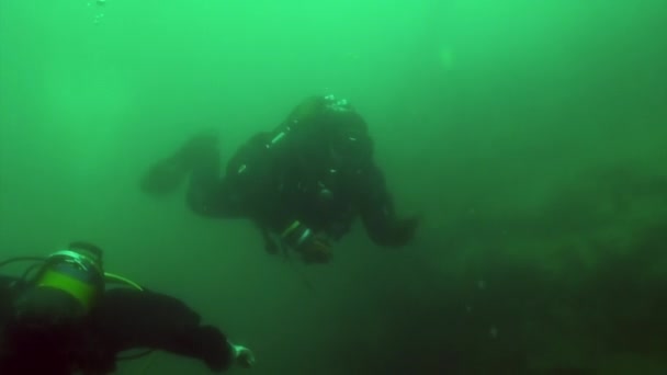 Investigador buzo viajero en el fondo submarino del lago Baikal. — Vídeo de stock