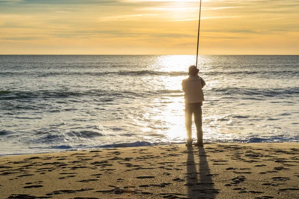 Man Silhouette Fishing Beach Sunset Fishing Rod Fisherman Stock Picture