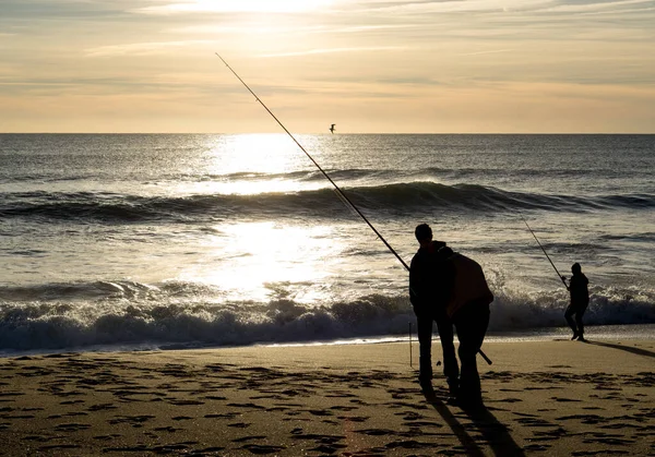 People in silhouette fishing with rods on beach at sunset in Algarve Portugal